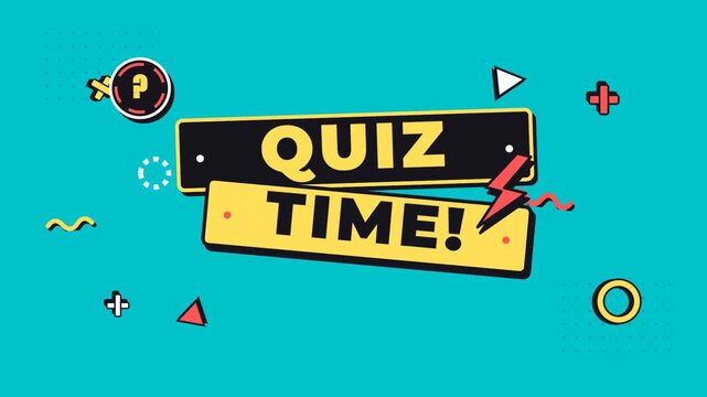 Quiz time typography banner with geometric shapes on a vibrant teal background.