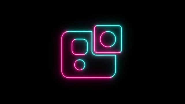 Neon action camera icon glowing with blue and pink light on a dark background