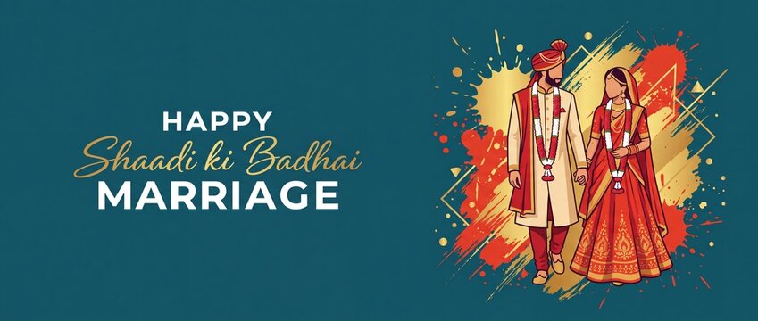 Indian wedding couple banner illustration with Shaadi ki Badhai text for congratulatory greeting background card featuring traditional bride groom holding hands in red lehenga sherwani and garland art