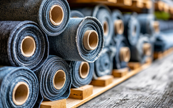 Close-up view of neatly stacked rolls of blue and beige denim fabric stored on wooden shelves in a textile warehouse.