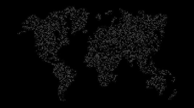 Dotted world map particle animation. Abstract digital earth and global network halftone flat map isolated on black background. Tech graphic loop.