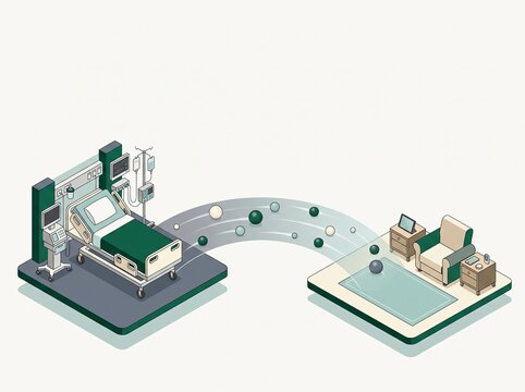 Hospital ICU to home care transition isometric diagram showing virtual care bridge and continuous remote telemetry transfer