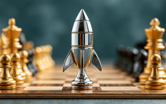 Shiny silver rocket toy stands prominently on a wooden chessboard surrounded by golden and black chess pieces against a dark teal background.
