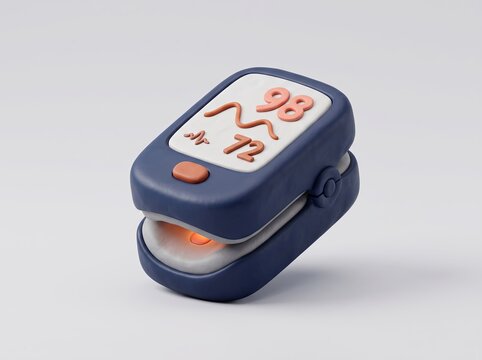 3D clay illustration of a medical finger pulse oximeter sensor showing optical PPG photoplethysmography vital tracking technology
