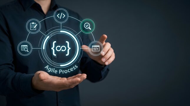 Businessman interacting with a digital interface representing devops and continuous integration software development processes