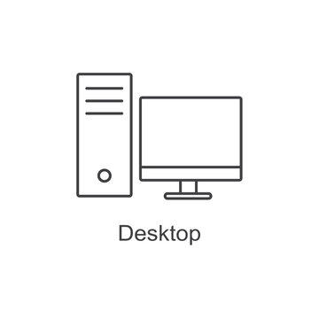 Minimal desktop computer line icon PC and monitor, ideal for technology, web, hardware, and office designs
