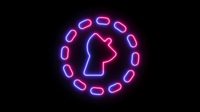 Abstract circular frame made of glowing red and blue neon light dashes on a dark background