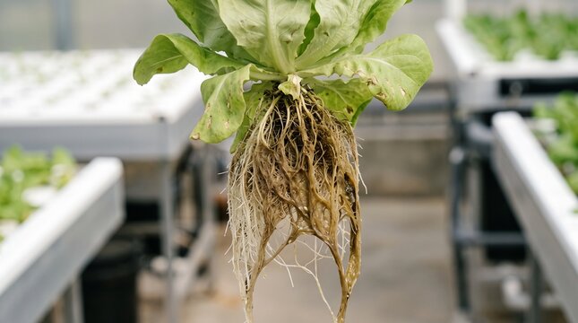Hydroponic lettuce plant with bare root system grown in modern greenhouse agriculture farm