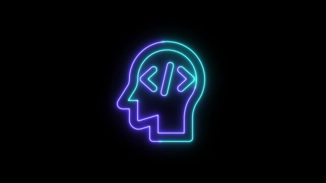 Neon glowing outline of a human head with a light bulb idea concept