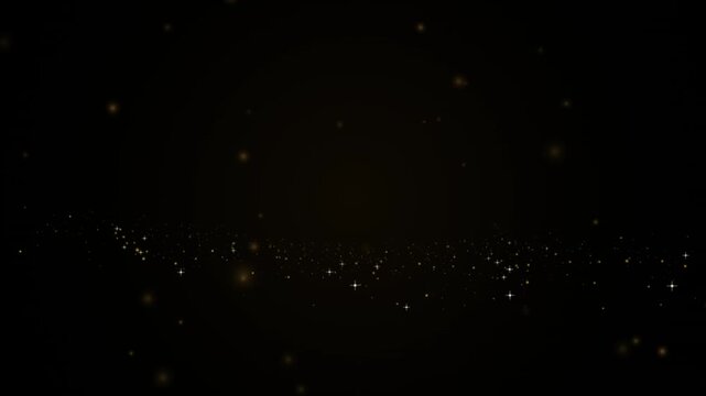 Golden dust particles floating in dark background, abstract motion overlay for luxury presentations and cinematic effects