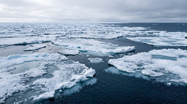 Melting sea ice floes floating in the arctic ocean under cloudy sky