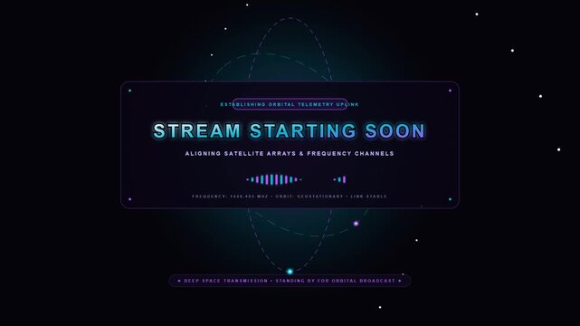 Futuristic stream starting soon screen with digital satellite array and frequency channel interface design.