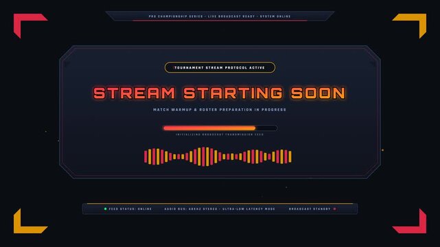 Futuristic stream starting soon overlay screen for live broadcasting and gaming channels.