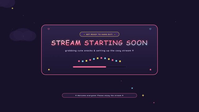 Stream starting soon screen graphic with dark purple background and colorful loading elements for video gaming broadcast.
