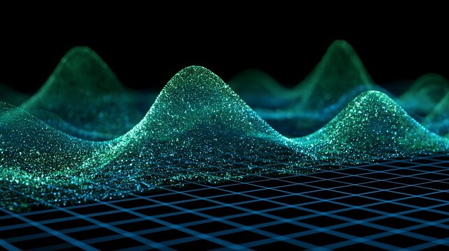 Vibrant teal and turquoise digital wave forms hover over a dark grid, representing data visualization and technological progress
