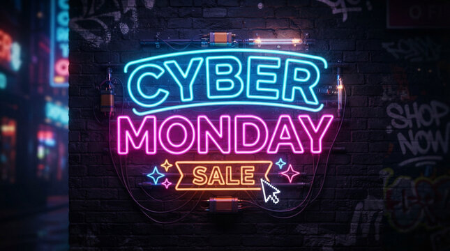 Cyber monday neon sign on dark brick wall with cursor clicking