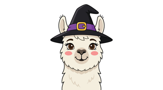 Cute white llama head wearing a purple witch hat illustration for halloween seasonal graphic design projects