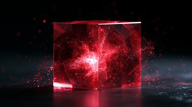 Glowing red cube with internal nebula, radiant energy, abstract concept, futuristic design, digital creation, cosmic power, visual design
