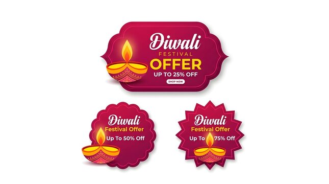 Diwali festival offer tags. Set of labels with diya oil lamps and discount text. Vector marketing badges for Indian holiday sales.