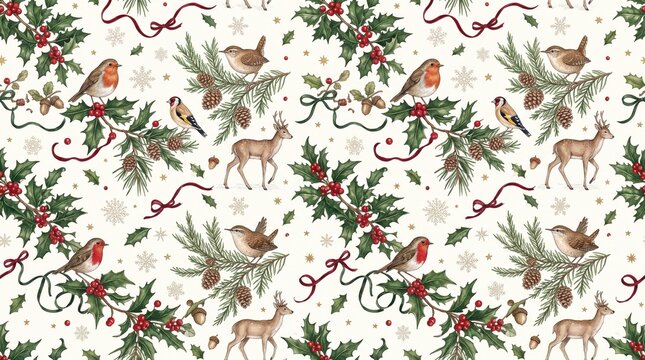 Watercolor christmas seamless pattern featuring cute birds deer holly branches pine cones on a light background holiday pattern winter pattern bird illustrat