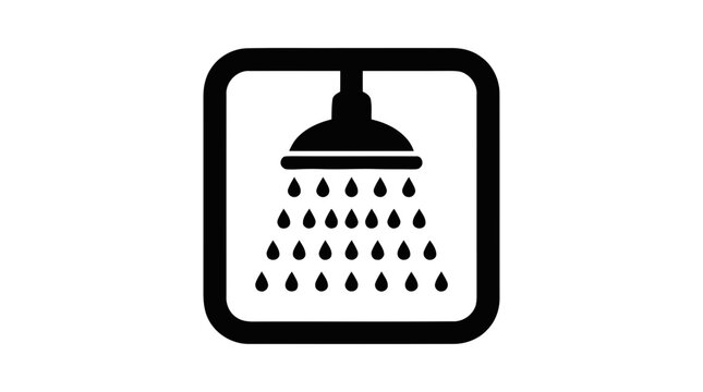 Vector illustration of shower head icon with water drops inside a square frame on a transparent background