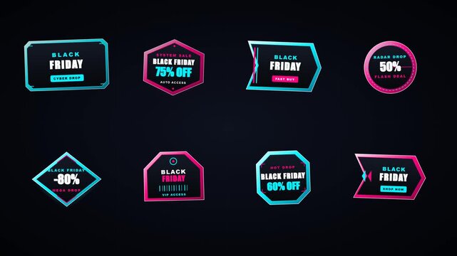Set of modern neon Black Friday sale badges and promotional discount labels.