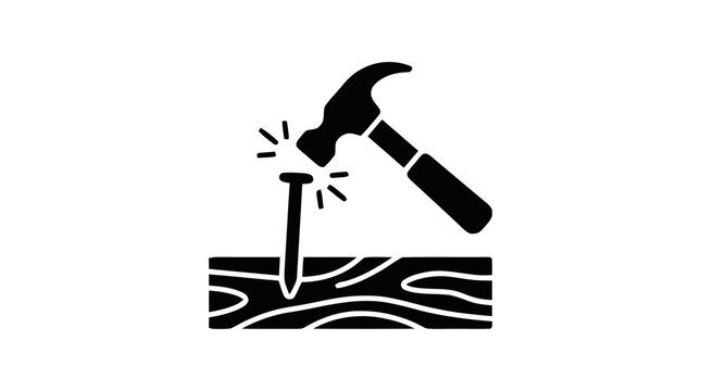 Vector illustration of hammer hitting a nail into wood on a transparent background