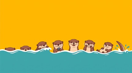 Fototapeta premium Cute cartoon otters swimming in water against a yellow background with copy space