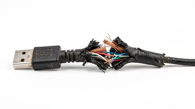 Critically damaged USB cable, insulation torn to reveal frayed internal wires, highlighting electronic malfunction and urgent replacement