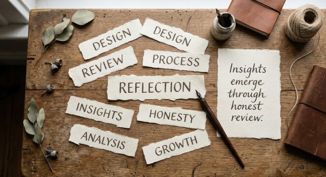 Reflection and Analysis Paper Strips Scattered on a Wooden Table