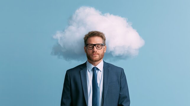 A suited man gazes forward, a fluffy white cloud hovering above his head, representing creative ideas and abstract thought