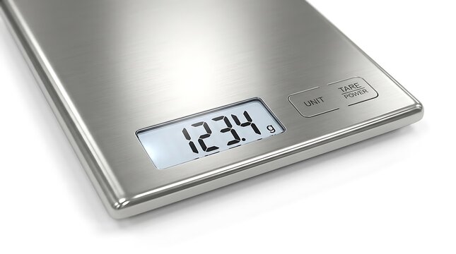 Modern stainless steel digital kitchen scale displaying weight on a clear screen isolated on white background