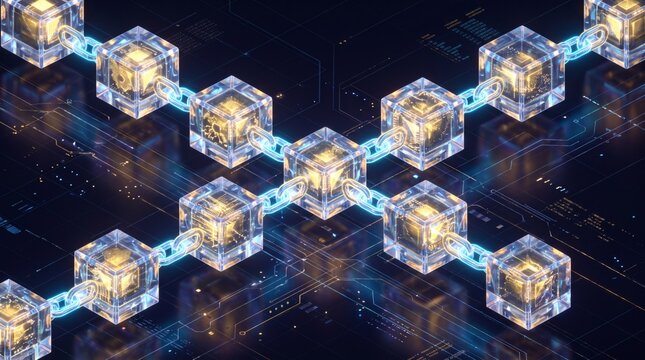 Futuristic blockchain ledger with glowing crystal cubes and luminous chains on dark tech background