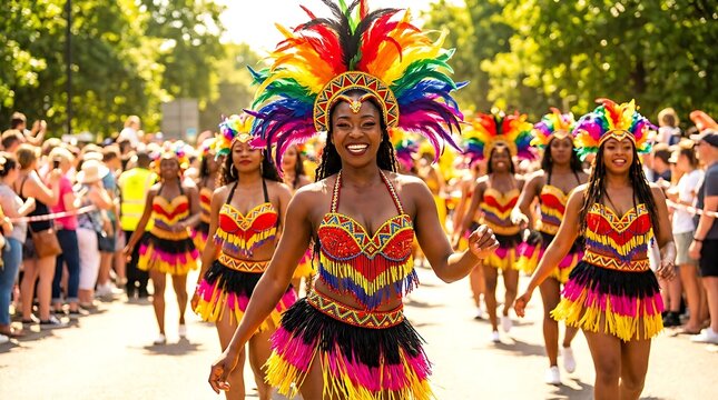 Vibrant smiling woman wearing a colorful feather headdress and traditional carnival costume dancing in a lively street parade
