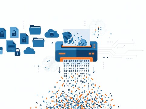 Digital Data Destruction: High-tech shredder disintegrating documents into binary code