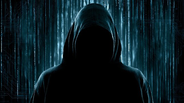 Shadowy figure wearing dark hood facing forward against digital blue background, concept illustrating anonymity and technological mystery