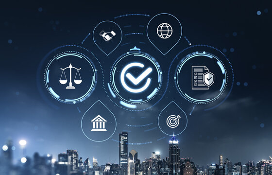 Business compliance and global partnership concept with glowing checkmark, legal scales, secure documents, target and city skyline at night.