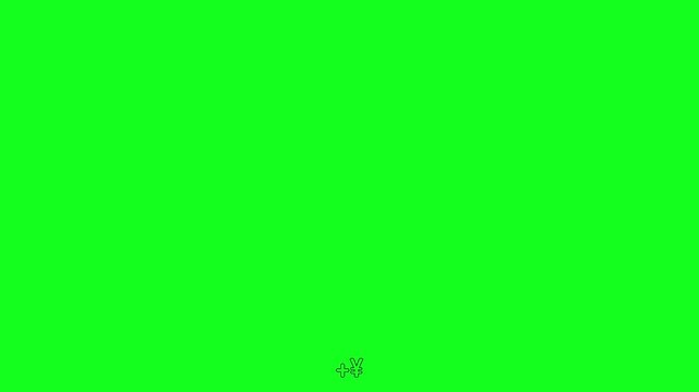Black line icons show yen and plus symbol on green screen. Simple outlines indicate financial growth or currency addition. Green background suits video editing or graphic overlays