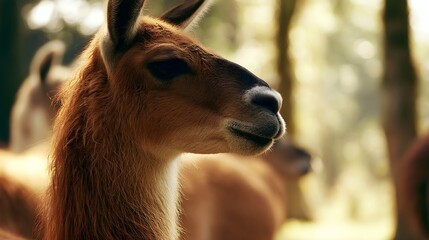 Fototapeta premium Close up of a brown llama in soft sunlight with blurred forest background calm and serene expression