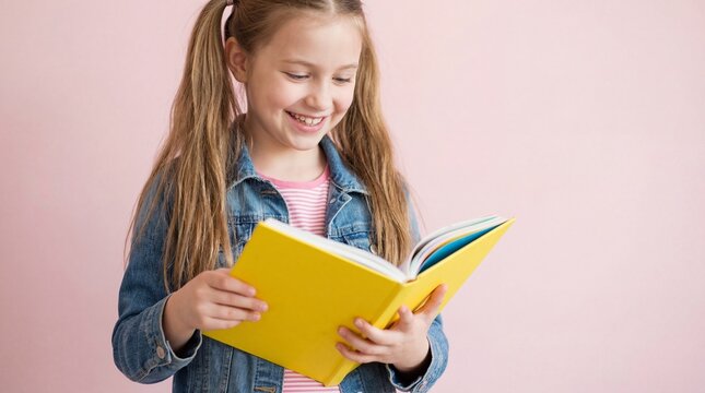 Smiling Young Girl With Blonde Pigtails Reading A Bright Yellow Book Against A Soft Pastel Pink Background For Academic Education