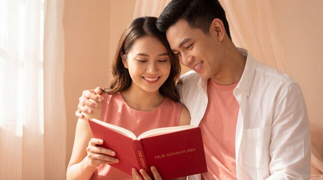 Happy Asian Couple Sharing Romantic Moments While Reading a Book Together at Home During Their Quality Time in a Cozy Bedroom Setting