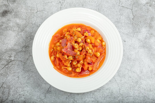 Chickpea and Tomato Stew in a White Bowl