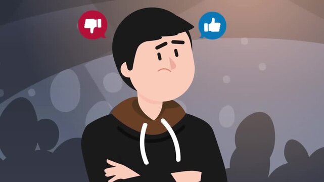 Skeptical young man reacting with confusion to social media like notification in this expressive flat style digital motion animation clip