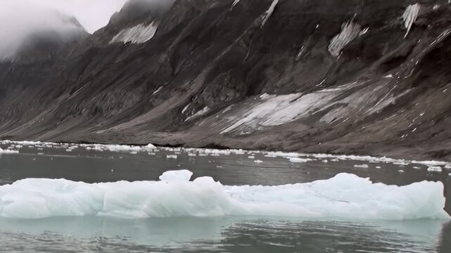 Rugged mountains rise above cold water scattered with floating ice. The broader composition includes a large ice floe and foreground detail, keeping surface texture and scale clearly readable.