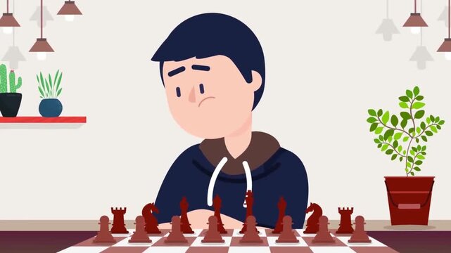 Pensive young man contemplating his next chess move in this animated digital motion video clip featuring vibrant flat vector artwork