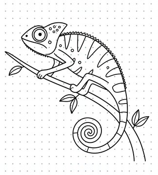 Black outline cartoon chameleon lizard illustration with decorative patterns for activity book