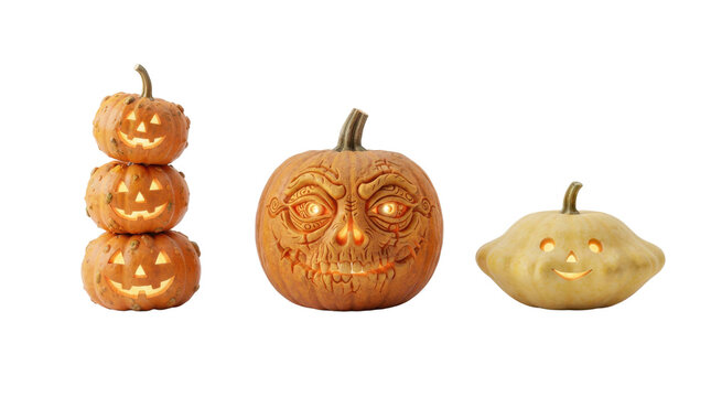 Halloween pumpkin collection featuring stacked smiling lanterns an intricately carved skull face and a pale flattened pumpkin isolated on transparent background.