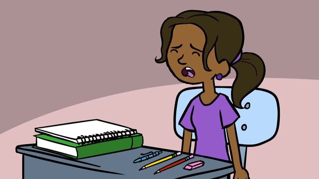 Frustrated student girl struggling with difficult homework assignment while sitting at desk in animated motion video clip for learning concept