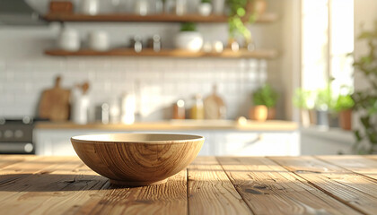 Obraz premium An empty wooden bowl rests on a rustic table in a sundrenched, blurred modern kitchen. This serene, minimalist scene with no people evokes feelings of comfort, homecooked food, and calm.
