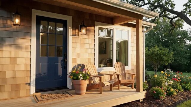 Cozy cottage style granny flat with wooden porch and Adirondack chairs in sunny yard